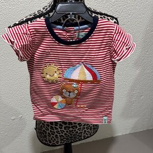 Kids Striped Red Tee with Bear and Umbrella Design